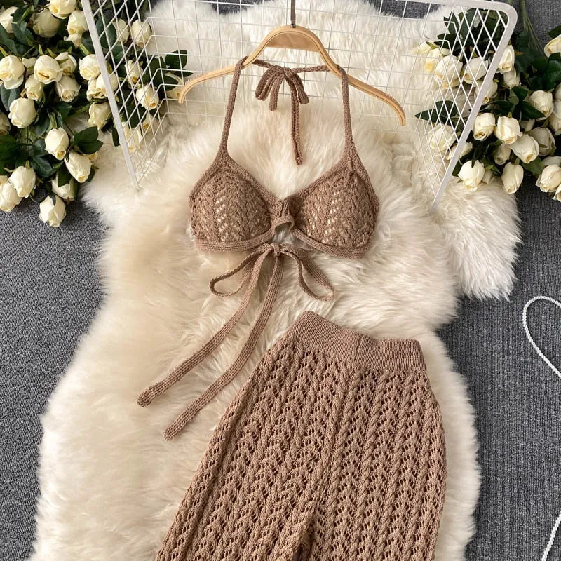 Knitted Wide Leg Pant   Backless Top Set (Camel , White and Black)