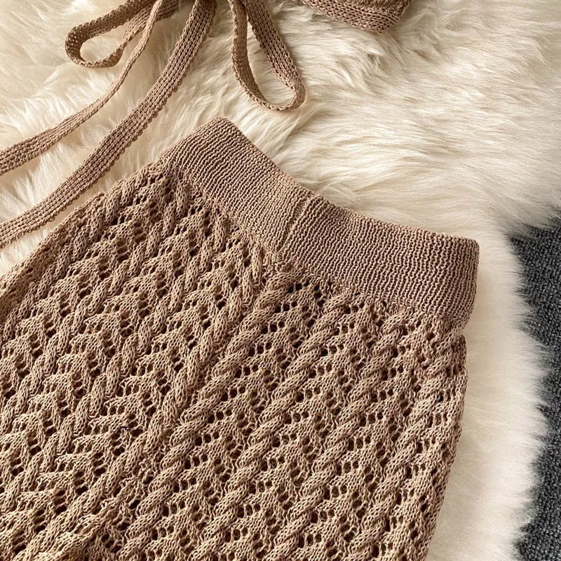 Knitted Wide Leg Pant   Backless Top Set (Camel , White and Black)
