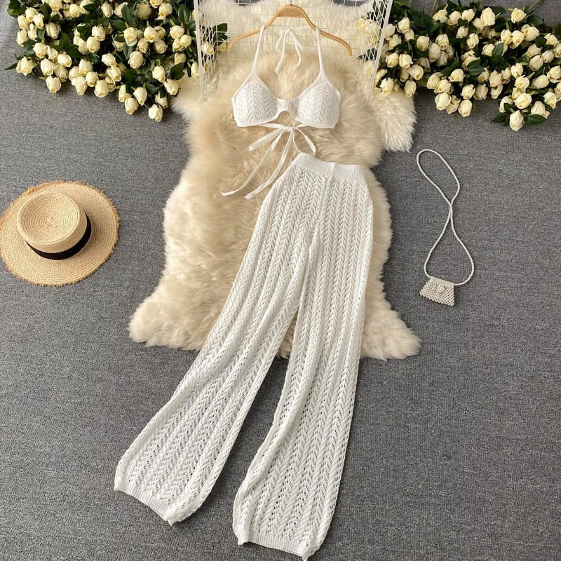 Knitted Wide Leg Pant   Backless Top Set (Camel , White and Black)