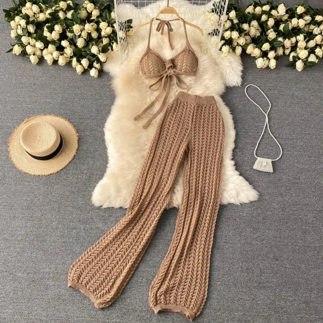 Knitted Wide Leg Pant   Backless Top Set (Camel , White and Black)