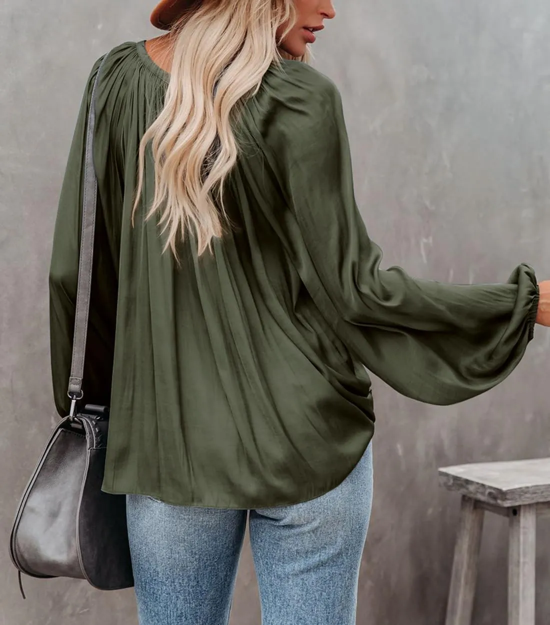 LAMISSCHE Womens Sexy Deep V Neck Blouse Lantern Long Sleeve Chiffon Shirt Oversized Drawstring Silk Satin Tunic