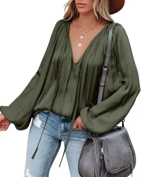 LAMISSCHE Womens Sexy Deep V Neck Blouse Lantern Long Sleeve Chiffon Shirt Oversized Drawstring Silk Satin Tunic