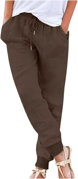 Linen Pants Women Summer Drawstring Elastic Waist Cotton Linen Tapered Leg Petite Pants Jogger Casual Palazzo Trousers