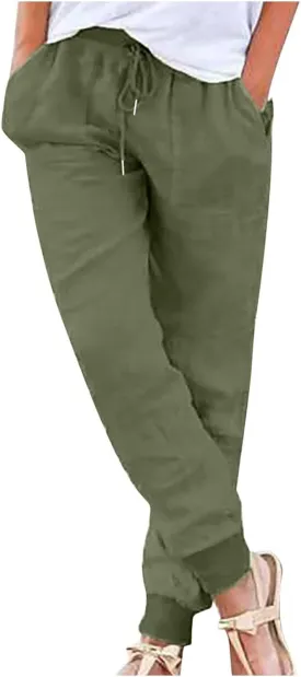 Linen Pants Women Summer Drawstring Elastic Waist Cotton Linen Tapered Leg Petite Pants Jogger Casual Palazzo Trousers