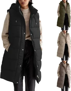 Long Vest for Women Sleeveless Puffer Winter Coats Hooded Oversized Cotton Padded Down Coat Puffy Jackets with Pockets