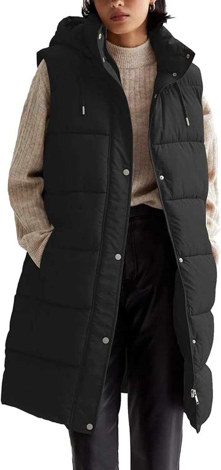 Long Vest for Women Sleeveless Puffer Winter Coats Hooded Oversized Cotton Padded Down Coat Puffy Jackets with Pockets