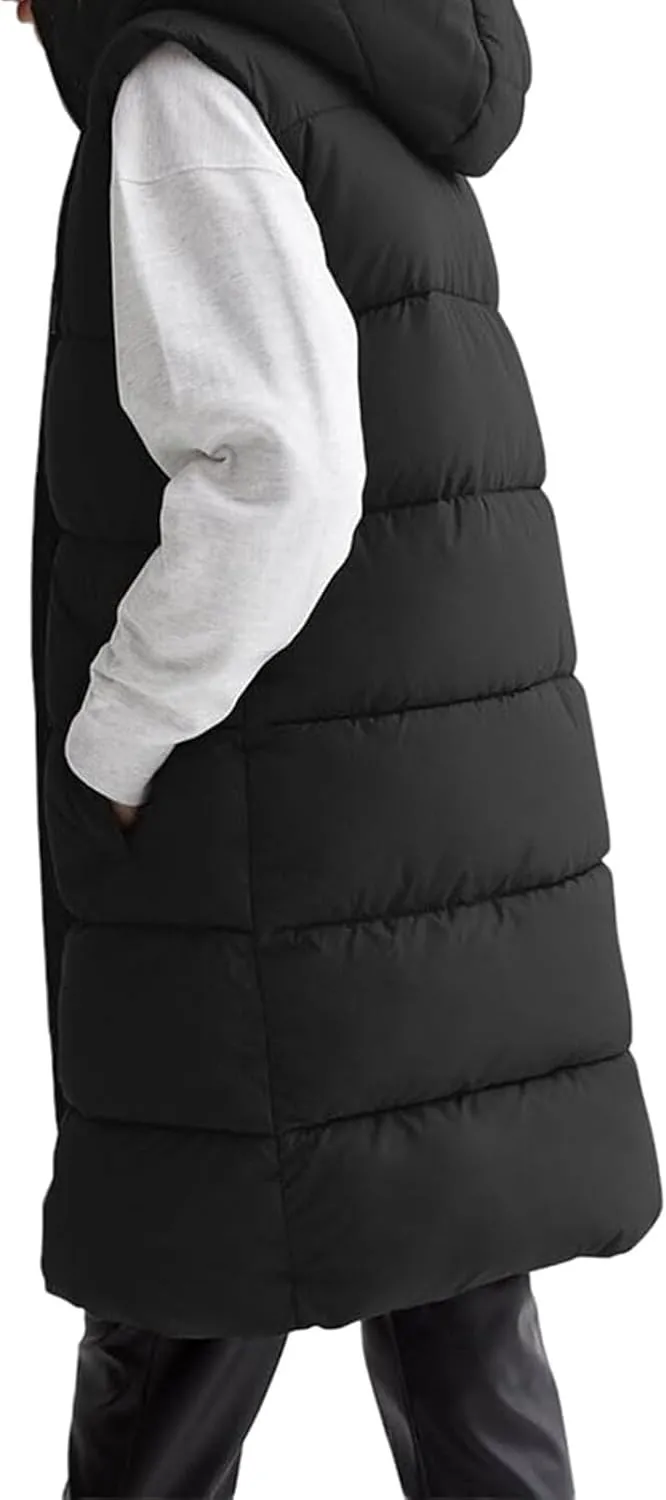 Long Vest for Women Sleeveless Puffer Winter Coats Hooded Oversized Cotton Padded Down Coat Puffy Jackets with Pockets