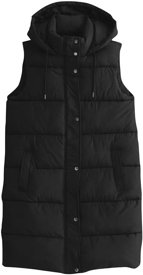 Long Vest for Women Sleeveless Puffer Winter Coats Hooded Oversized Cotton Padded Down Coat Puffy Jackets with Pockets
