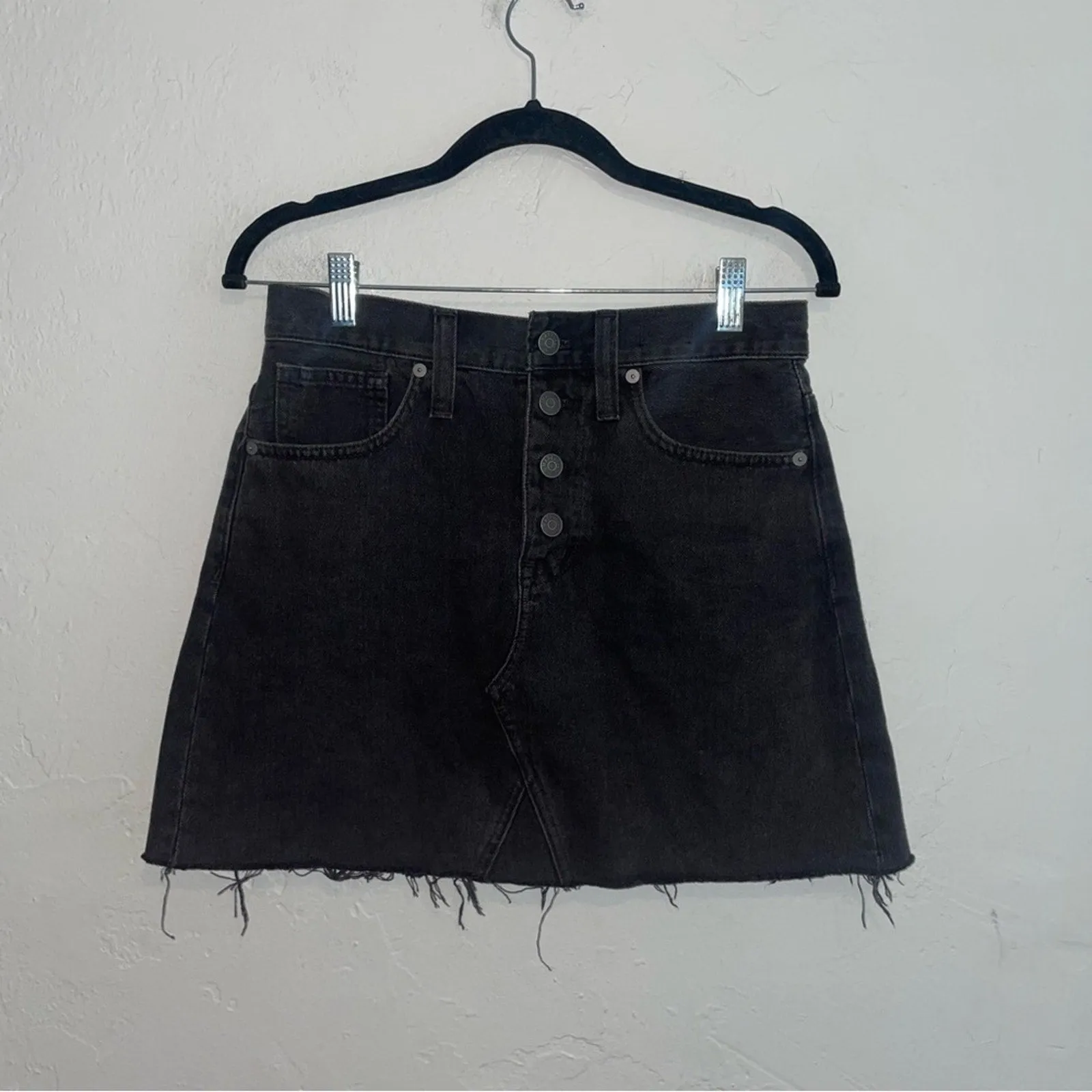 Madewell Rigid Denim A-Line Button-Front Raw Hem Jean Mini Skirt (26)