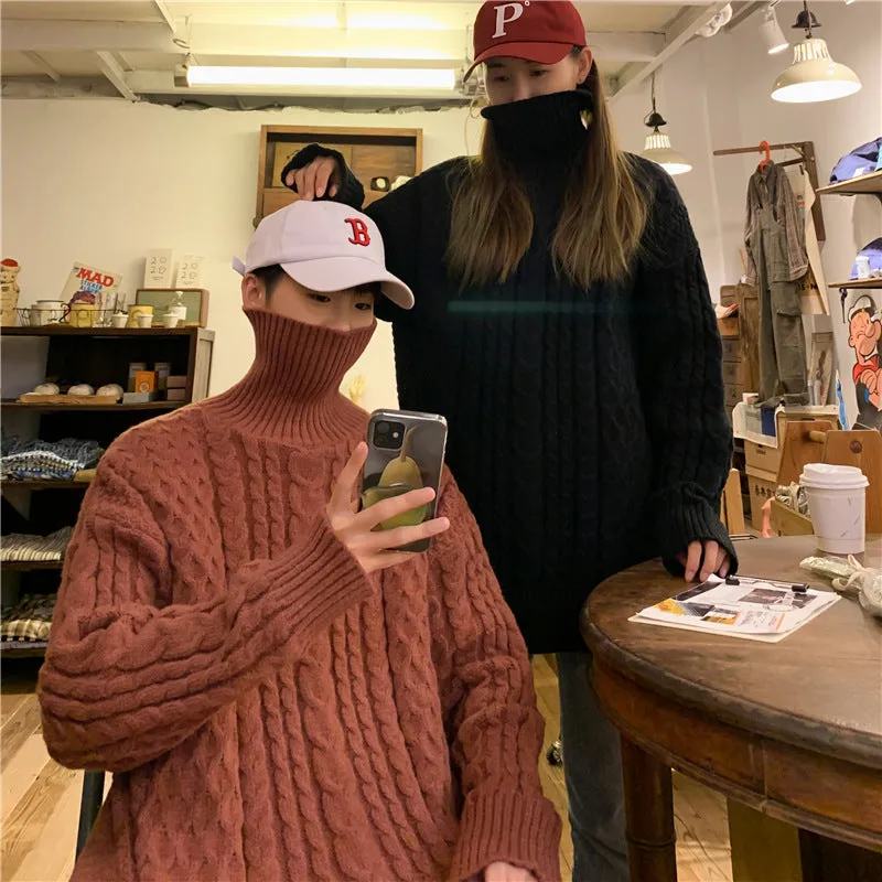 Men Turtleneck Sweater Men's Coffee Color Autumn and Winter Loose Sweater Coat