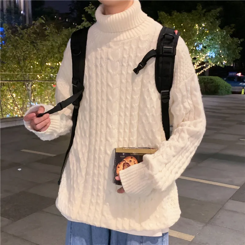 Men Turtleneck Sweater Men's Coffee Color Autumn and Winter Loose Sweater Coat