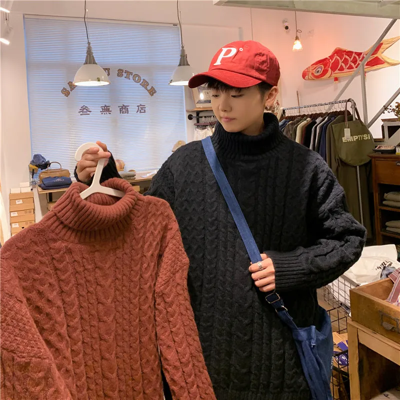 Men Turtleneck Sweater Men's Coffee Color Autumn and Winter Loose Sweater Coat