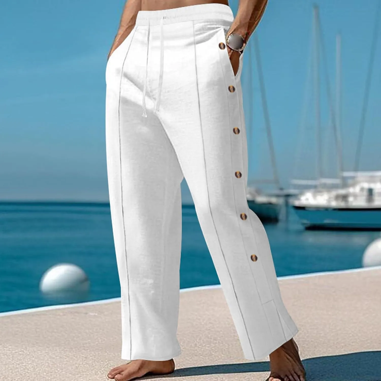 Mens Cotton Linen Elastic Waist Drawstring Trendy Button Decoration Comfy Yoga Summer Beach Trousers Pants