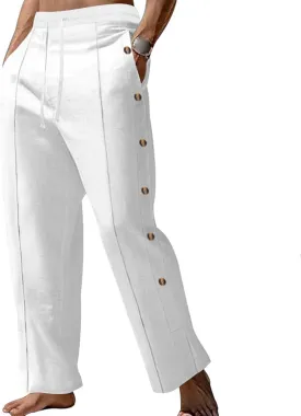 Mens Cotton Linen Elastic Waist Drawstring Trendy Button Decoration Comfy Yoga Summer Beach Trousers Pants