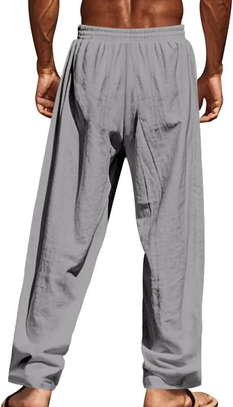 Mens Linen Casual Buttoned Baggy Loose Fit Elastic Drawstring Waist Straight Legs Yoga Beach Long Trousers Pants