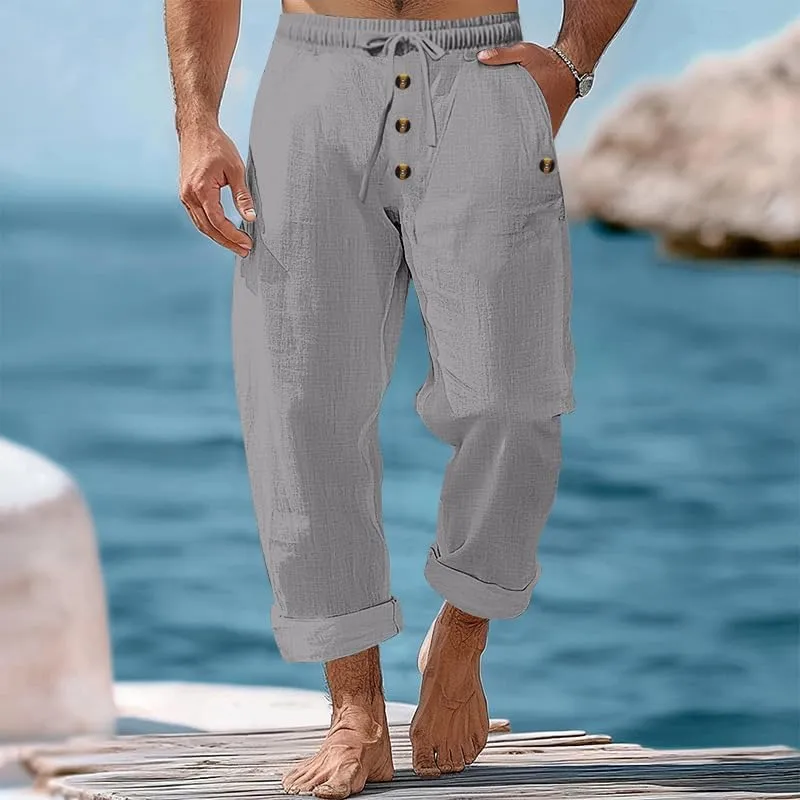 Mens Linen Casual Buttoned Baggy Loose Fit Elastic Drawstring Waist Straight Legs Yoga Beach Long Trousers Pants