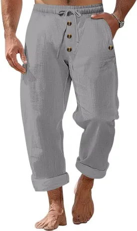 Mens Linen Casual Buttoned Baggy Loose Fit Elastic Drawstring Waist Straight Legs Yoga Beach Long Trousers Pants