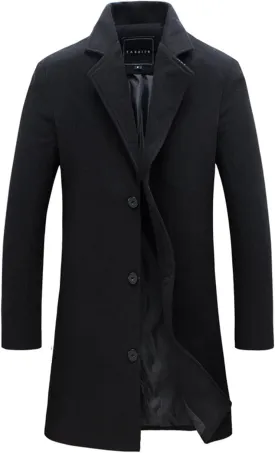 Men's Wool Blend Trench Coat Hip Length Lapel Overcoat Slim Fit Single Breasted Pea Coats Windbreaker Jacket