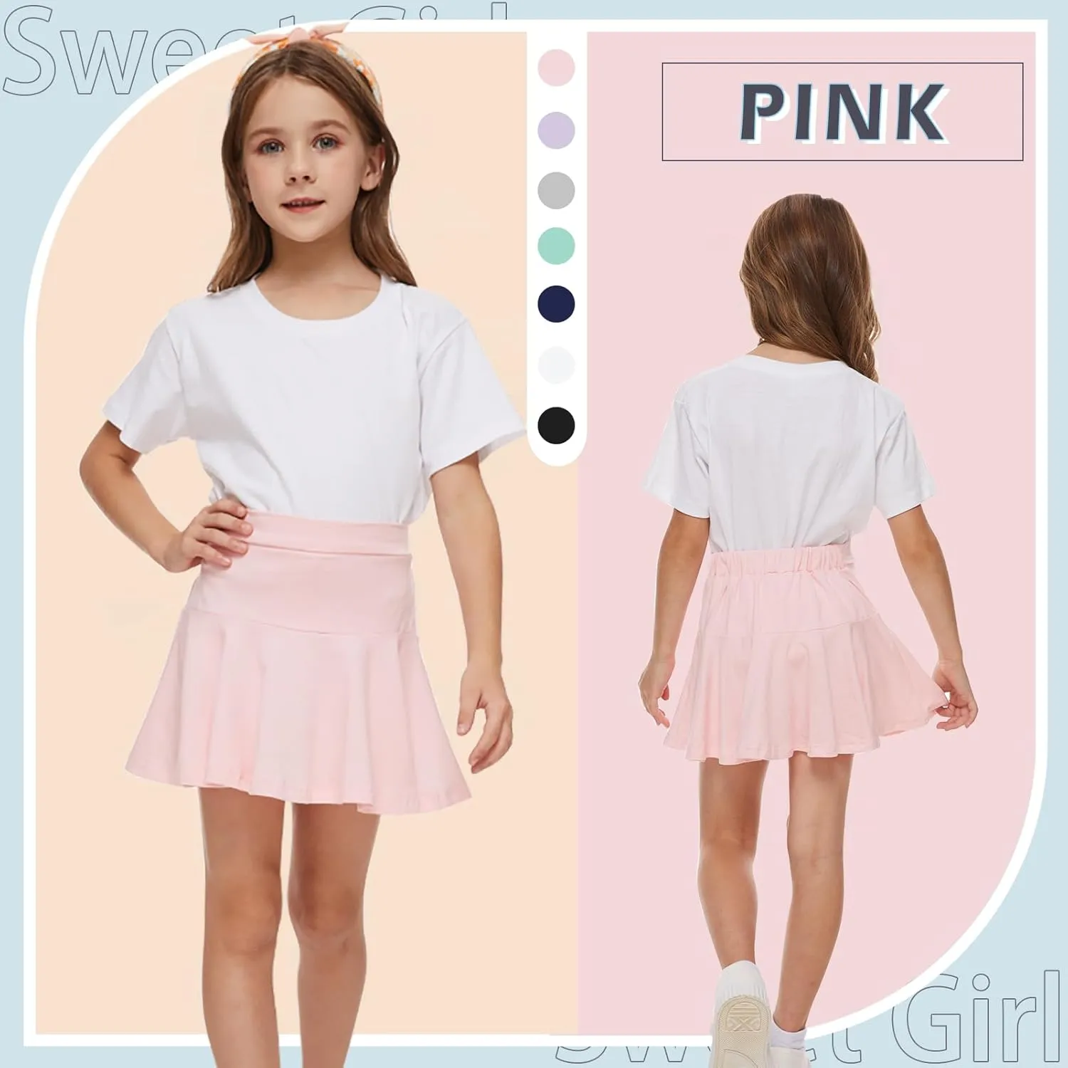 Neutocd Toddler Little Girls Skirts Skorts Elastic Flared Plain Pleated Tennis Skater Skirts for Girls Kids Built in Shorts