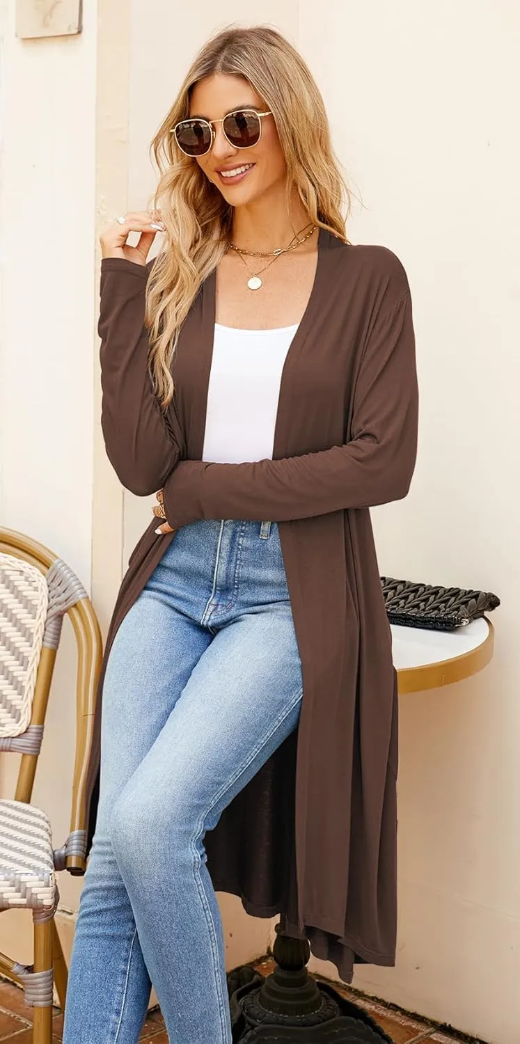 Newchoice Womens Long Cardigan Fall Casual Draped Open Front Lightweight Long Sleeve Cardigan Duster with Pockets