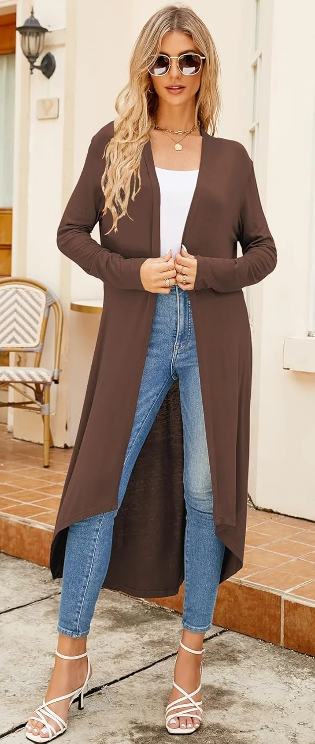 Newchoice Womens Long Cardigan Fall Casual Draped Open Front Lightweight Long Sleeve Cardigan Duster with Pockets