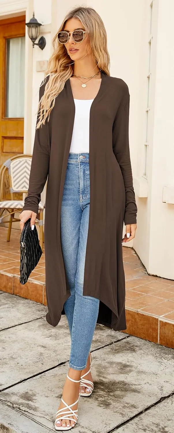 Newchoice Womens Long Cardigan Fall Casual Draped Open Front Lightweight Long Sleeve Cardigan Duster with Pockets