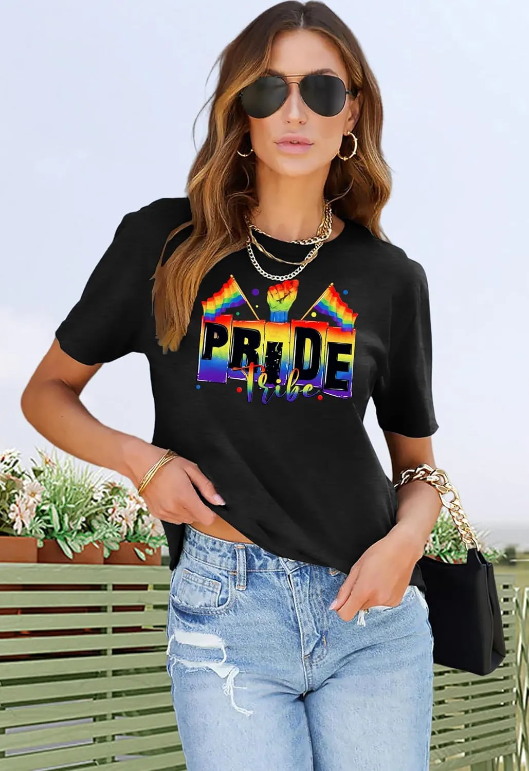 Pride Shirts for Women Lesbian Rainbow Graphic Tees Proud Ally LGBTQ Rainbow T-Shirt Tops