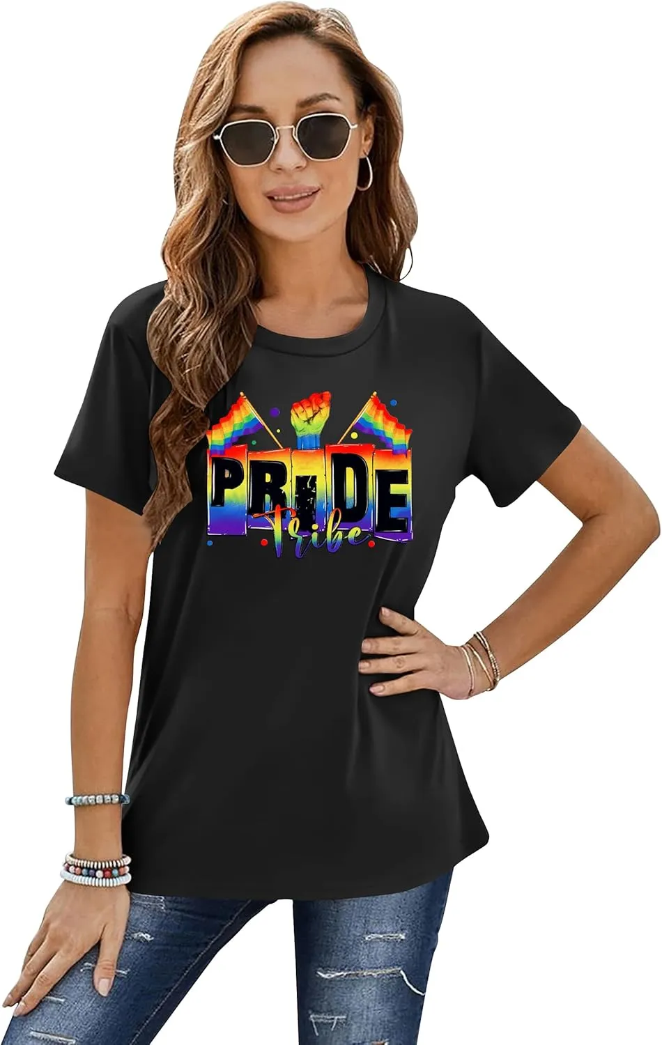 Pride Shirts for Women Lesbian Rainbow Graphic Tees Proud Ally LGBTQ Rainbow T-Shirt Tops