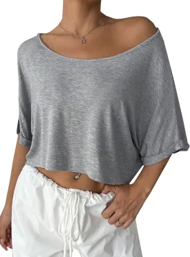 Remidoo Womens Off The Shoulder Short Sleeve Crop Top Asymmetrical Neck Loose Tshirt