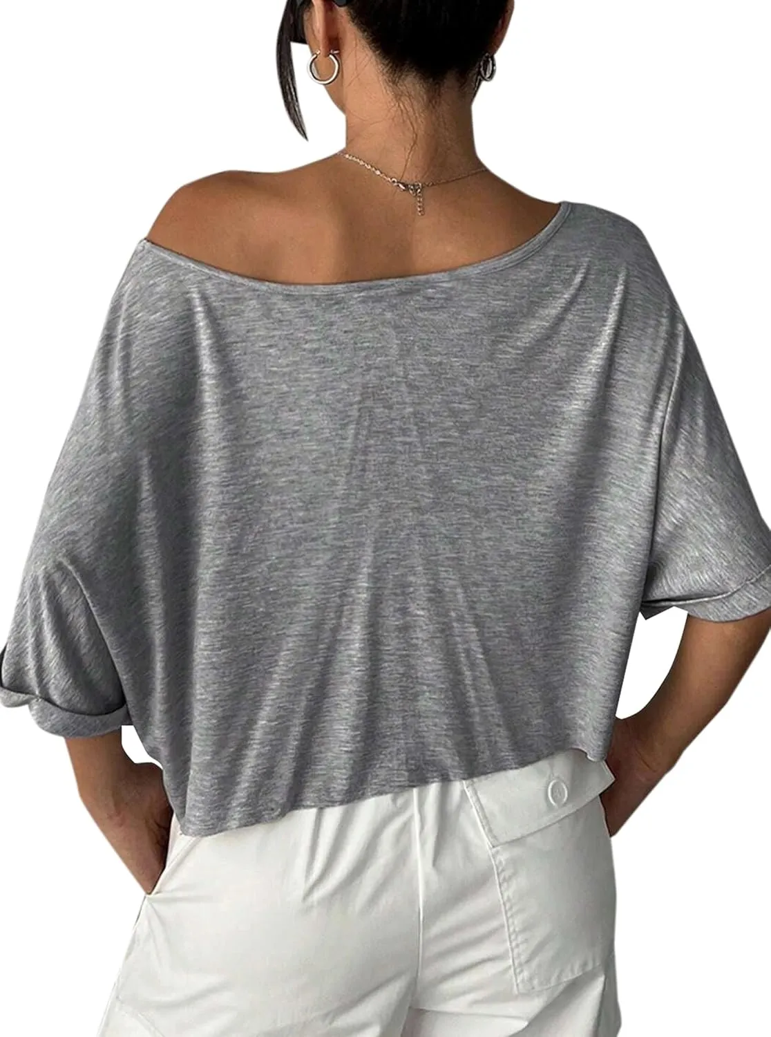 Remidoo Womens Off The Shoulder Short Sleeve Crop Top Asymmetrical Neck Loose Tshirt