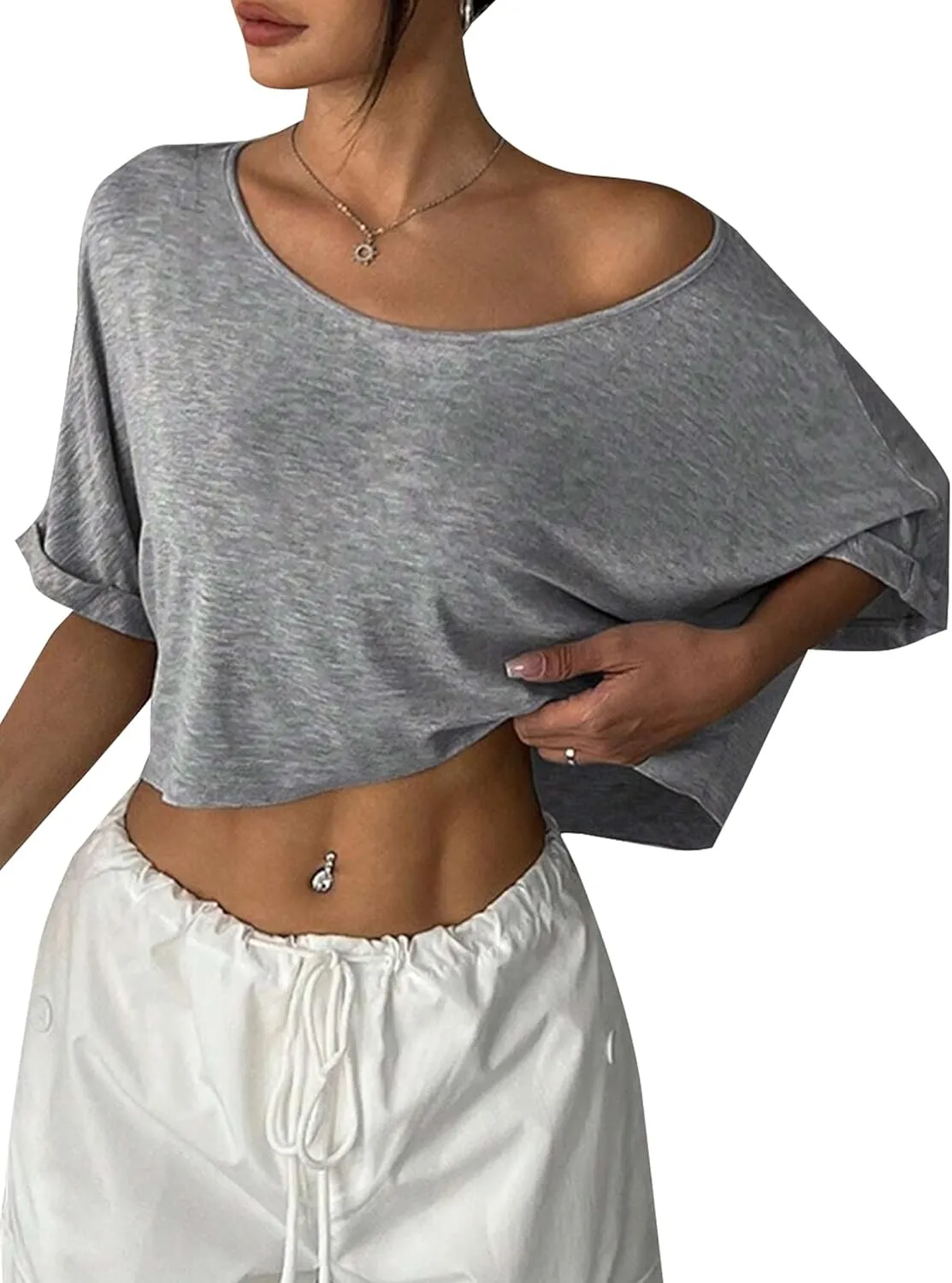 Remidoo Womens Off The Shoulder Short Sleeve Crop Top Asymmetrical Neck Loose Tshirt