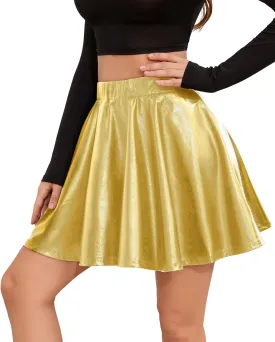 Shiny Pleated Mini Skirt Metallic Skater Skirt, Great for Concerts and Cheerleader - Classic Style, Sparkly Skirt