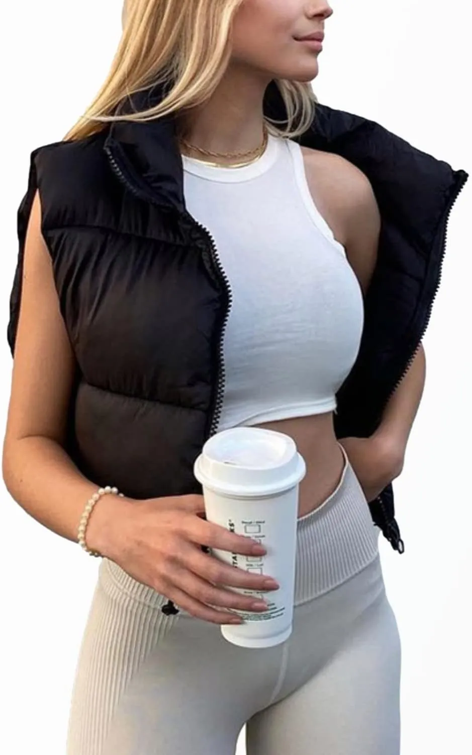 Shiyifa Women's Fashion High Neck Zipper Cropped Puffer Vest Jacket Coat