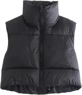 Shiyifa Women's Fashion High Neck Zipper Cropped Puffer Vest Jacket Coat