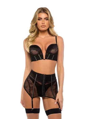 Stunning Chantilly Lace Satin Garter Skirt Bustier Set Black