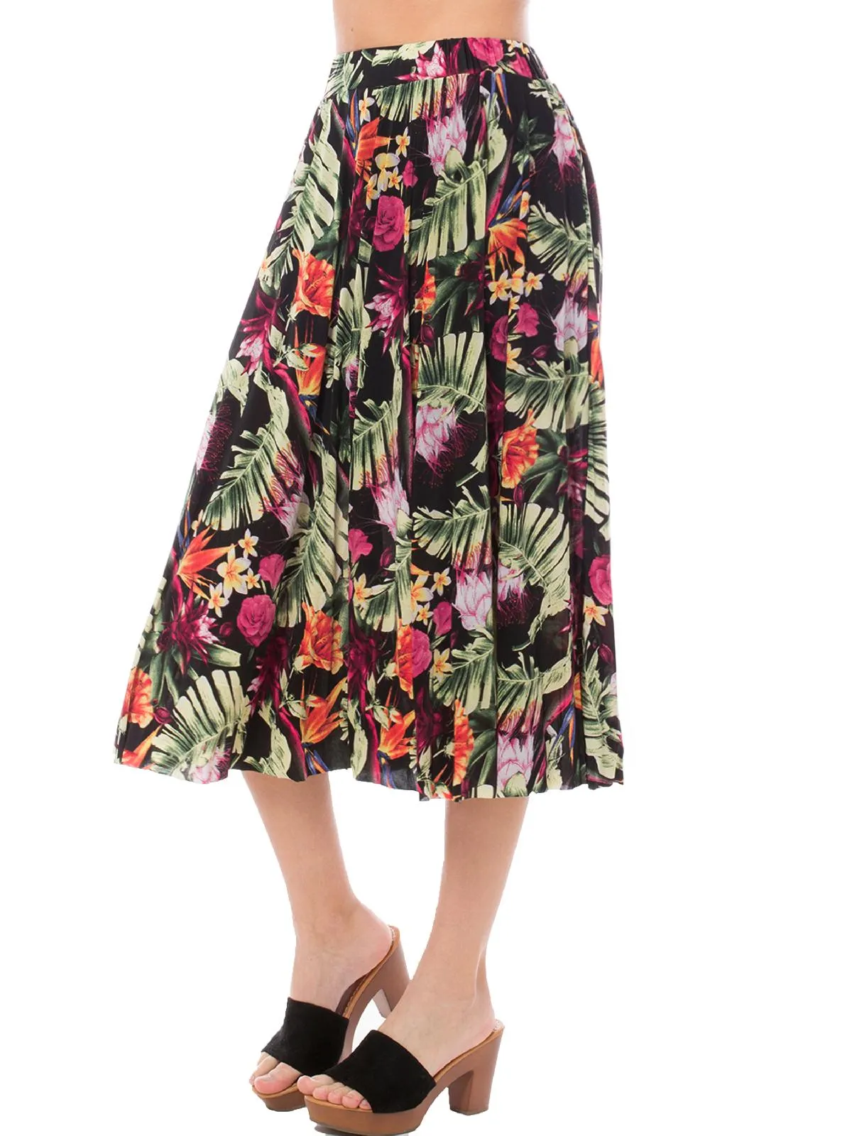 Summer Floral Print Elastic High Waist Flared Long Skirt