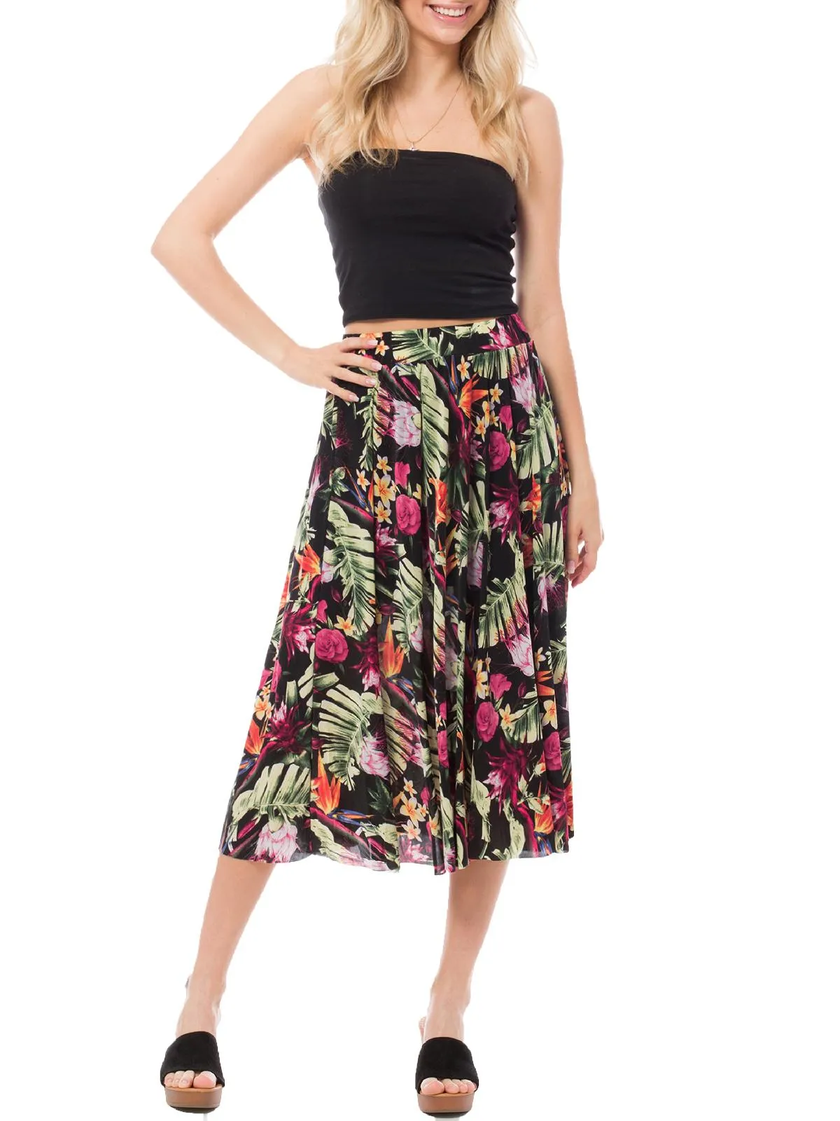 Summer Floral Print Elastic High Waist Flared Long Skirt