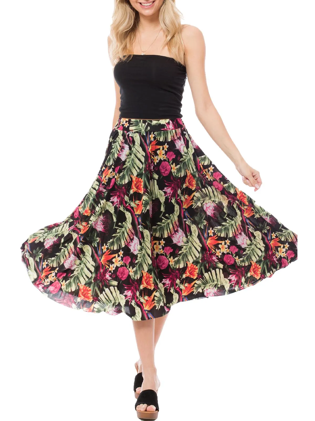 Summer Floral Print Elastic High Waist Flared Long Skirt