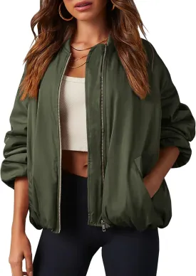 Tankaneo Womens Zip Up Bomber Jacket Oversized Fashion Casual Fully Lined Winter Coats With Pockets