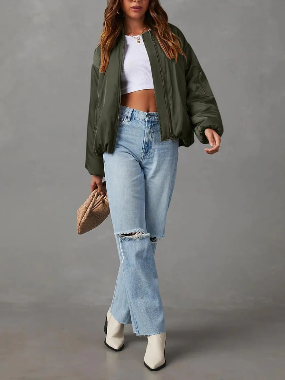 Tankaneo Womens Zip Up Bomber Jacket Oversized Fashion Casual Fully Lined Winter Coats With Pockets