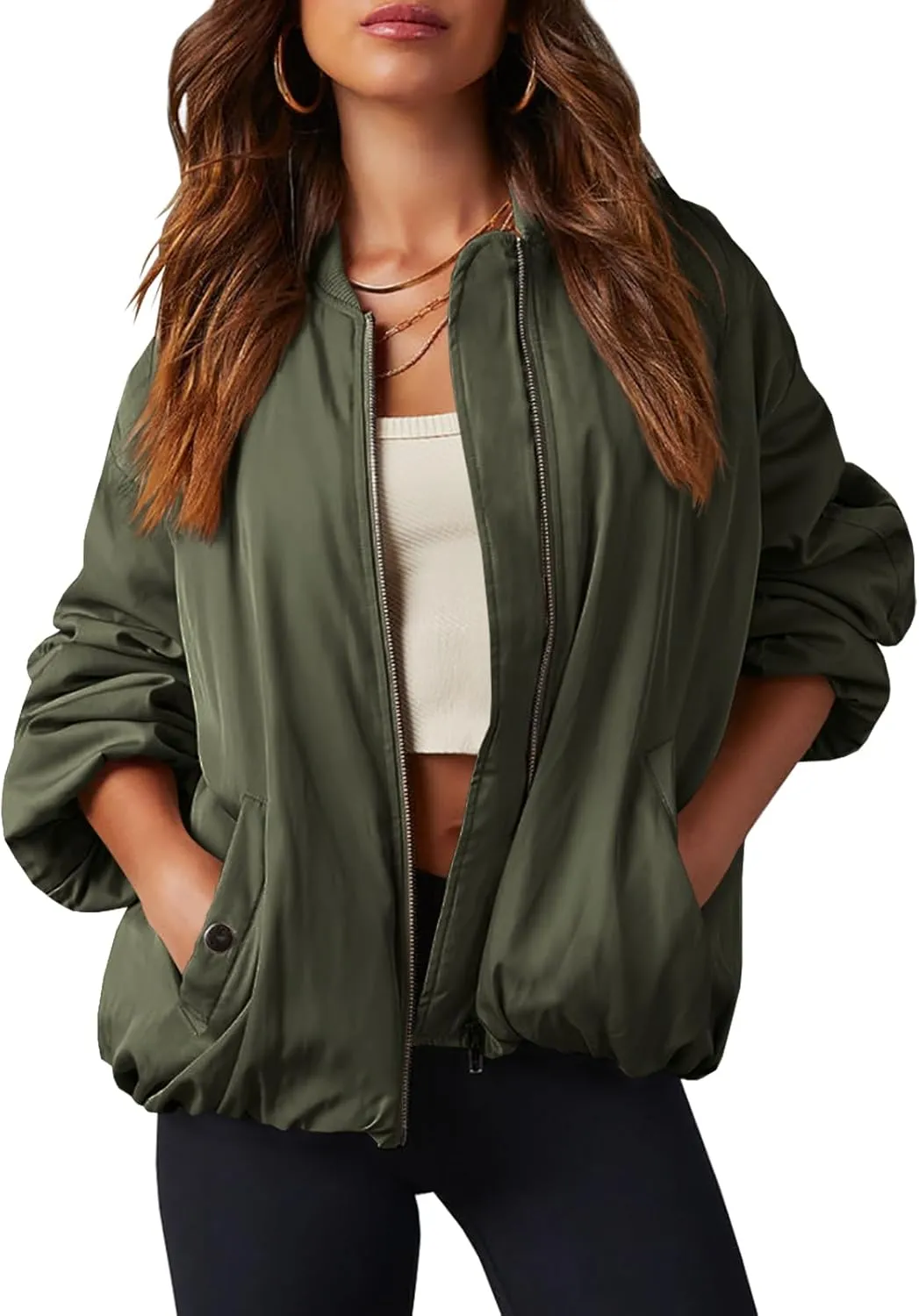 Tankaneo Womens Zip Up Bomber Jacket Oversized Fashion Casual Fully Lined Winter Coats With Pockets