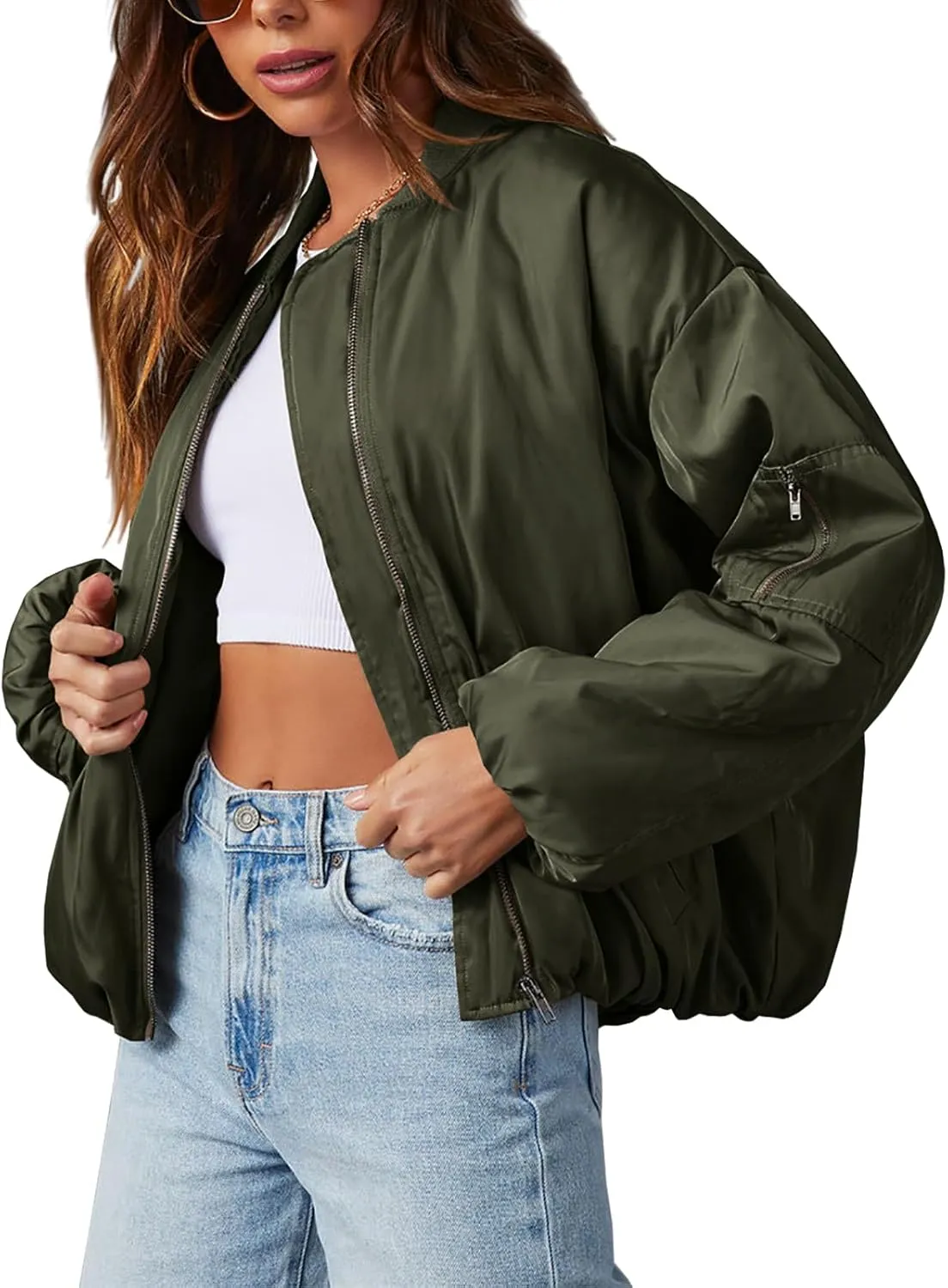Tankaneo Womens Zip Up Bomber Jacket Oversized Fashion Casual Fully Lined Winter Coats With Pockets