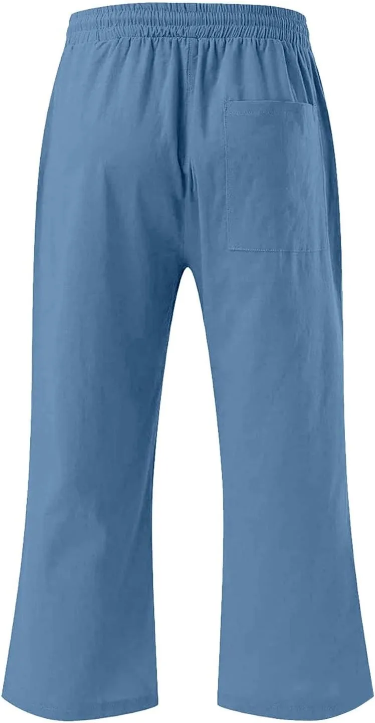 Teen Girls Cotton Linen High Waist Pants Kids Summer Cropped Preppy Sweatpants Cozy Lightweight Baggy 3/4 Trousers