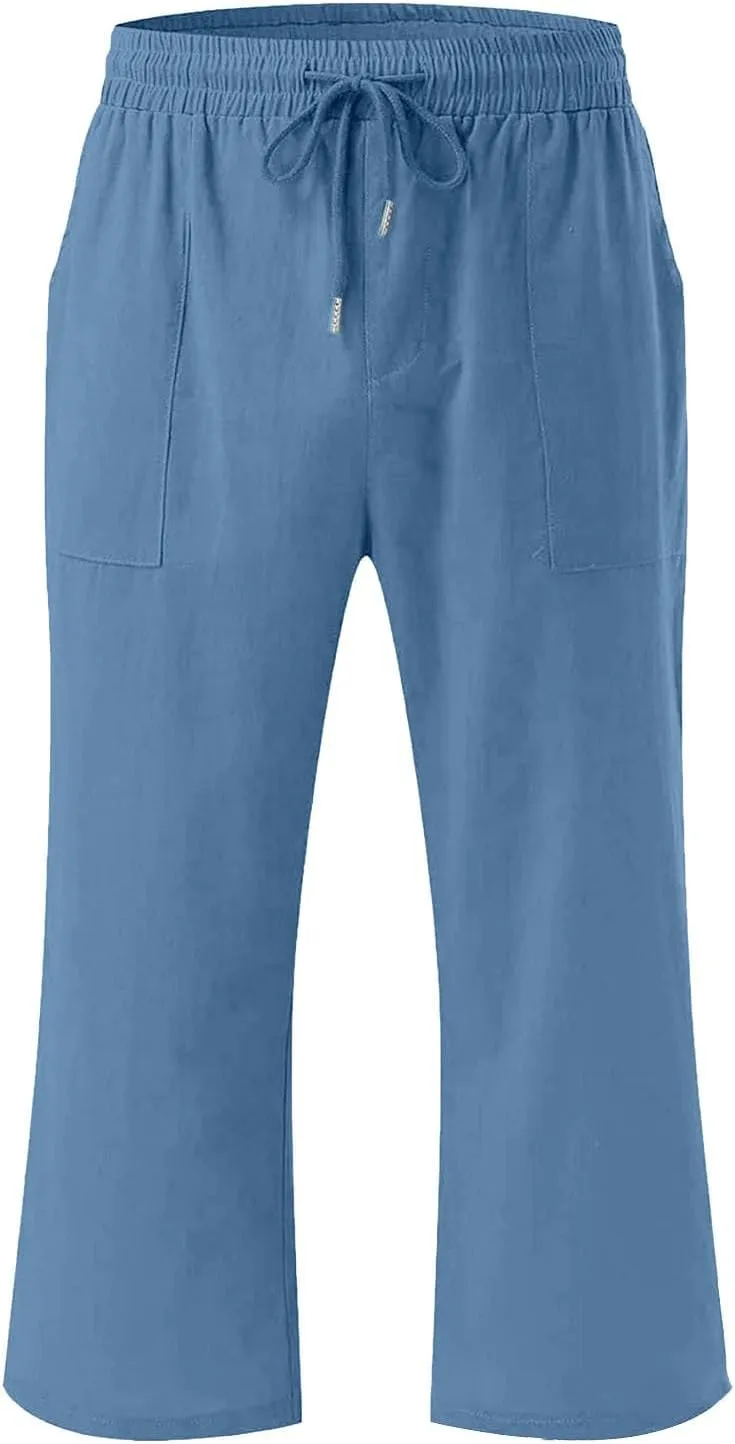 Teen Girls Cotton Linen High Waist Pants Kids Summer Cropped Preppy Sweatpants Cozy Lightweight Baggy 3/4 Trousers