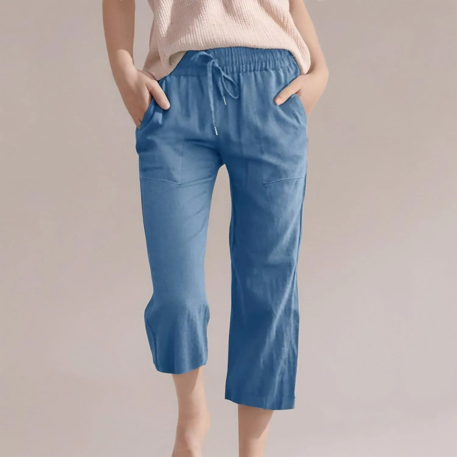 Teen Girls Cotton Linen High Waist Pants Kids Summer Cropped Preppy Sweatpants Cozy Lightweight Baggy 3/4 Trousers