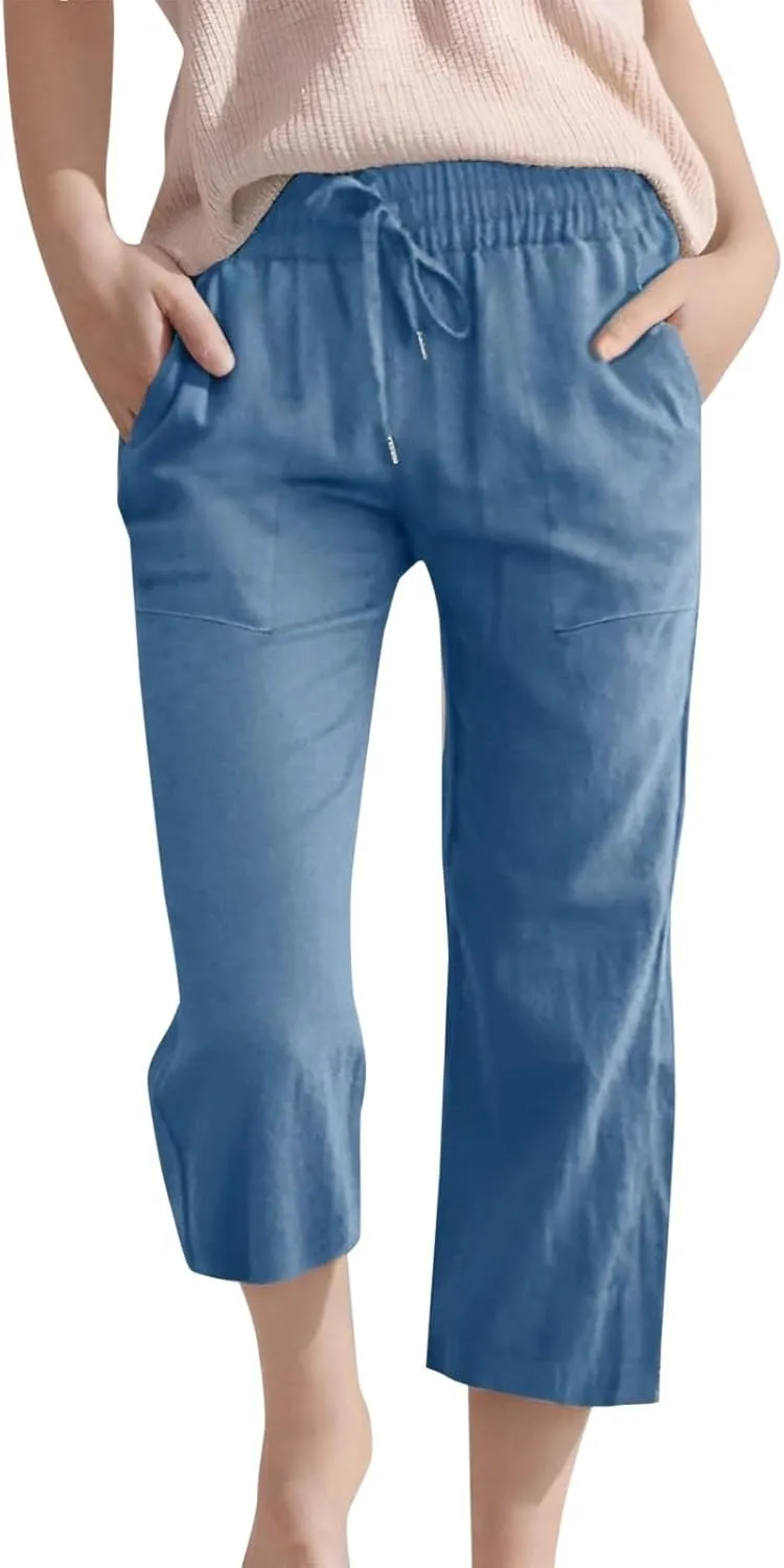 Teen Girls Cotton Linen High Waist Pants Kids Summer Cropped Preppy Sweatpants Cozy Lightweight Baggy 3/4 Trousers
