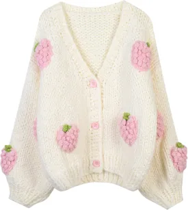 V Neck Sweaters for Women Cute Strawberry Button Loose Cardigan Sweater Open Front Cable Cropped Knit Top