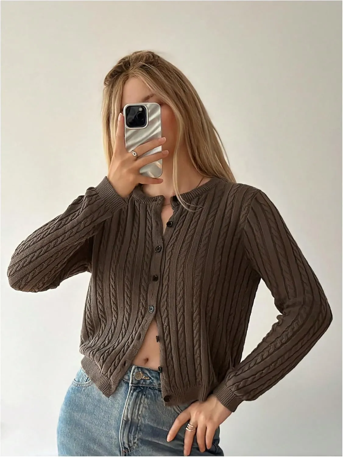 WDIRARA Women's Crewneck Cable Knit Cardigan Sweater Crop Button Down Long Sleeve Knitwear