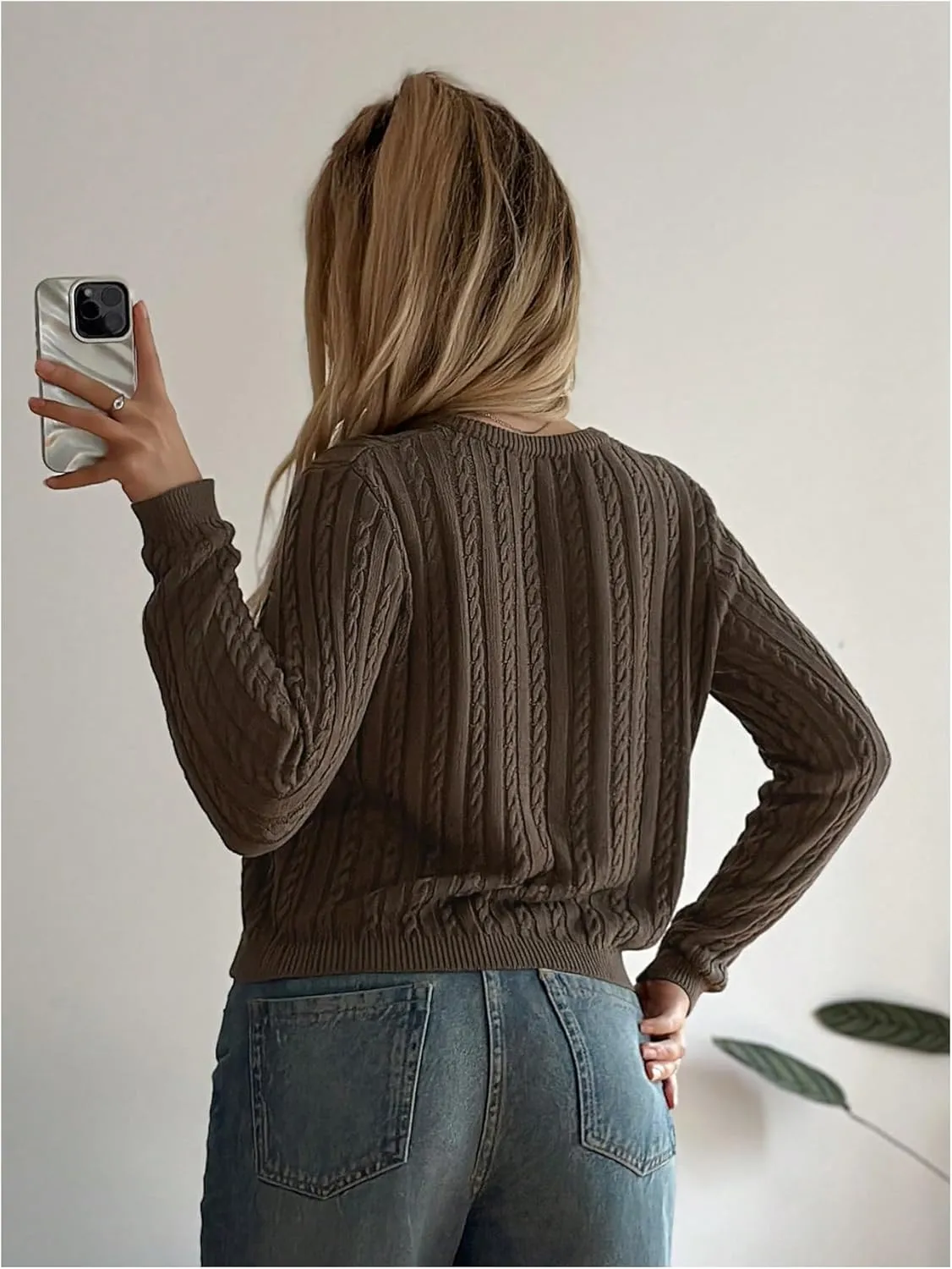 WDIRARA Women's Crewneck Cable Knit Cardigan Sweater Crop Button Down Long Sleeve Knitwear