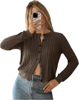 WDIRARA Women's Crewneck Cable Knit Cardigan Sweater Crop Button Down Long Sleeve Knitwear